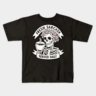 Fresh Sarcasm Served Daily Skeleton With Attitude For Sarcastic Coffee Drinkers Kids T-Shirt